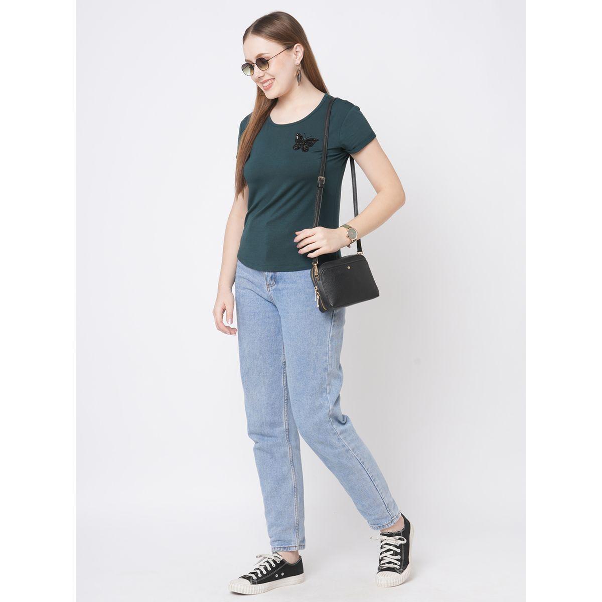 Mish Women Green Embellished Butterfly Detail Short Sleeve T-Shirt-women-clothing-tshirts-image-1
