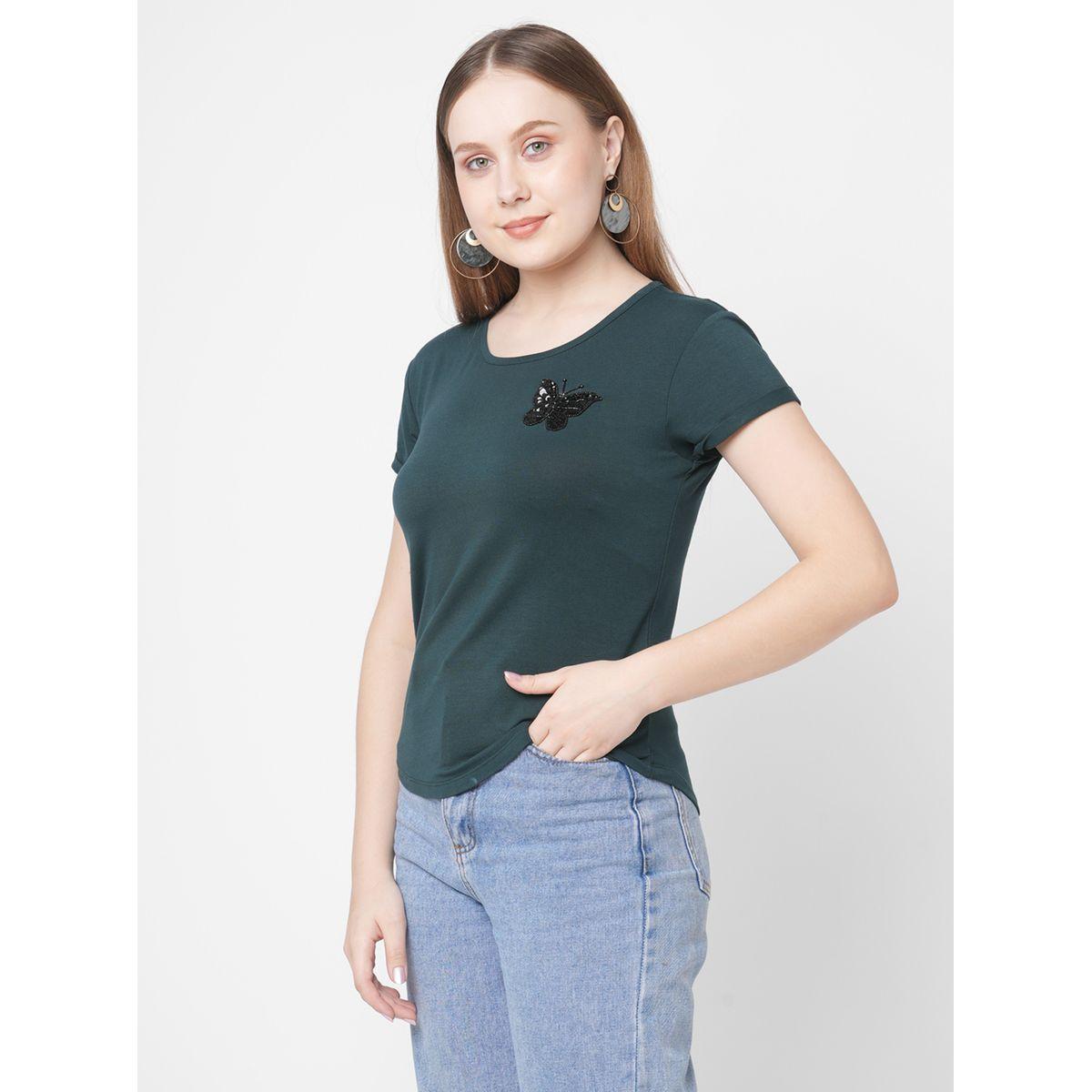 Mish Women Green Embellished Butterfly Detail Short Sleeve T-Shirt-women-clothing-tshirts-image-4