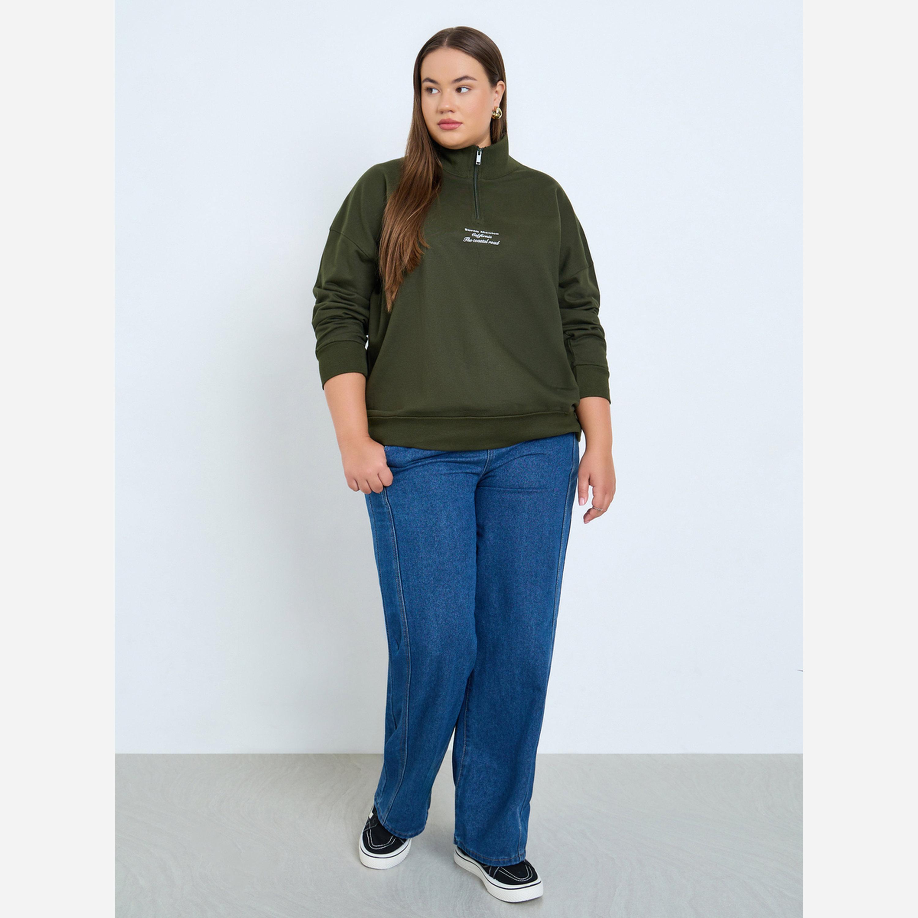Styli Plus Size Regular Fit Sweatshirt with Half Zip-women-winterwear-hoodiesandsweatshirts-sweatshirts-image-2