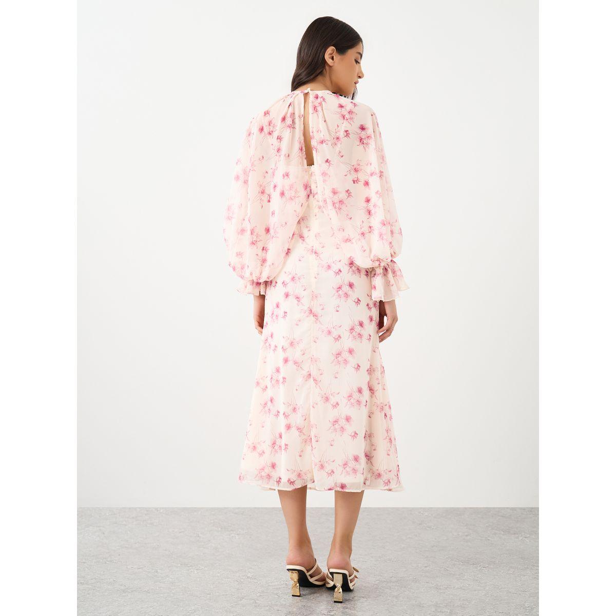 فستان ميدي بطبعة زهور مع أكمام منفوخة بنمط كيب-women-clothing-dresses-image-5
