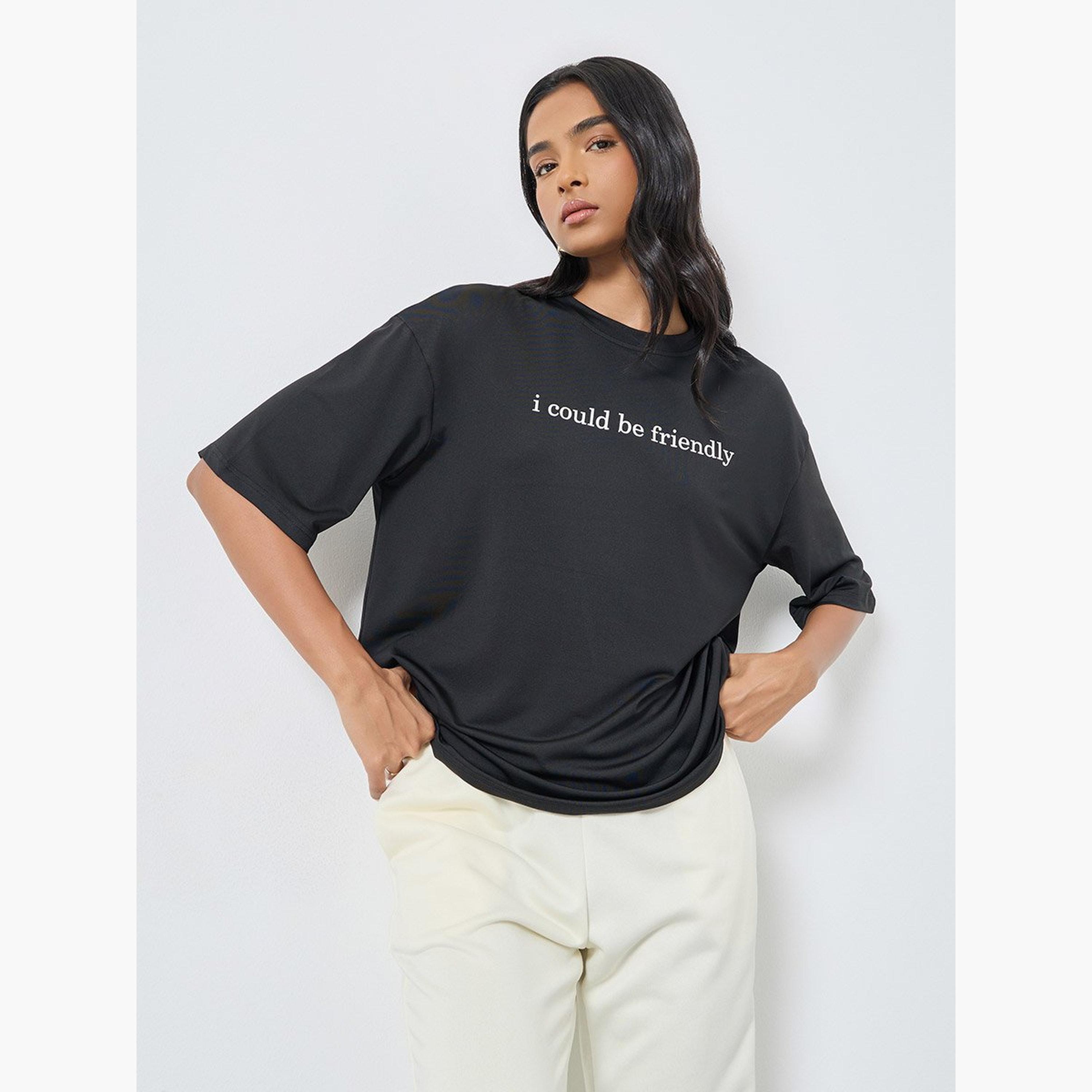 تيك تو - تي شيرت للنساء أسود مقاس كبير بشعار-women-clothing-tshirts-image-1