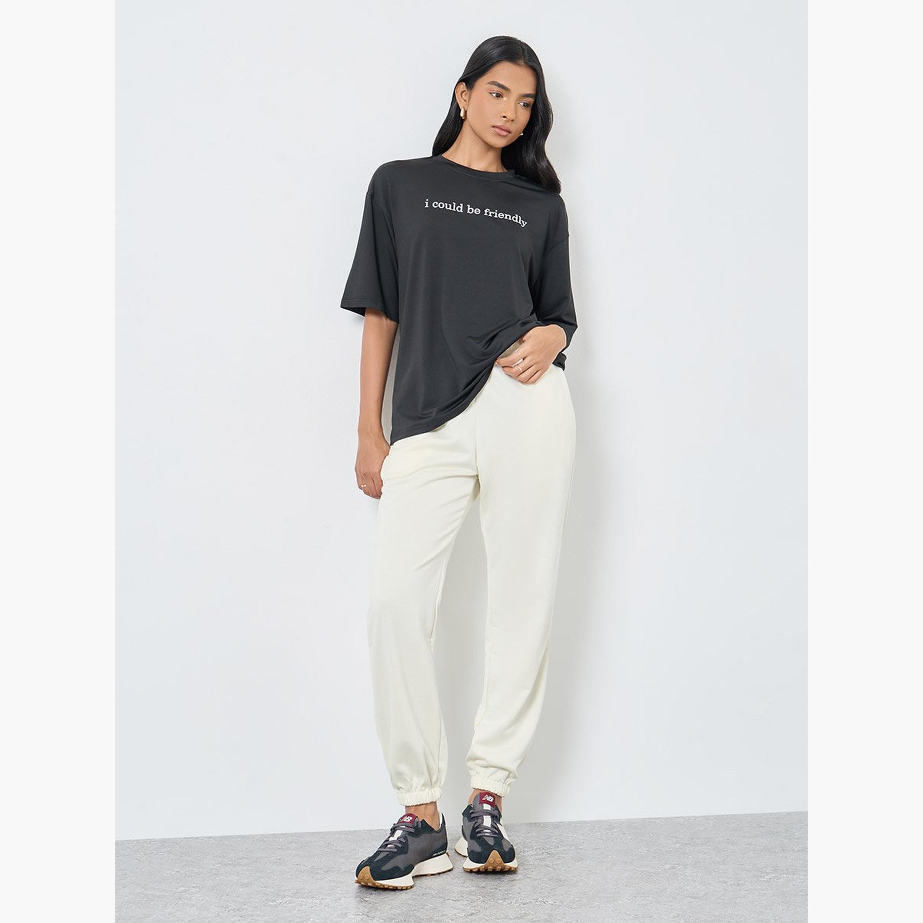 تيك تو - تي شيرت للنساء أسود مقاس كبير بشعار-women-clothing-tshirts-image-2