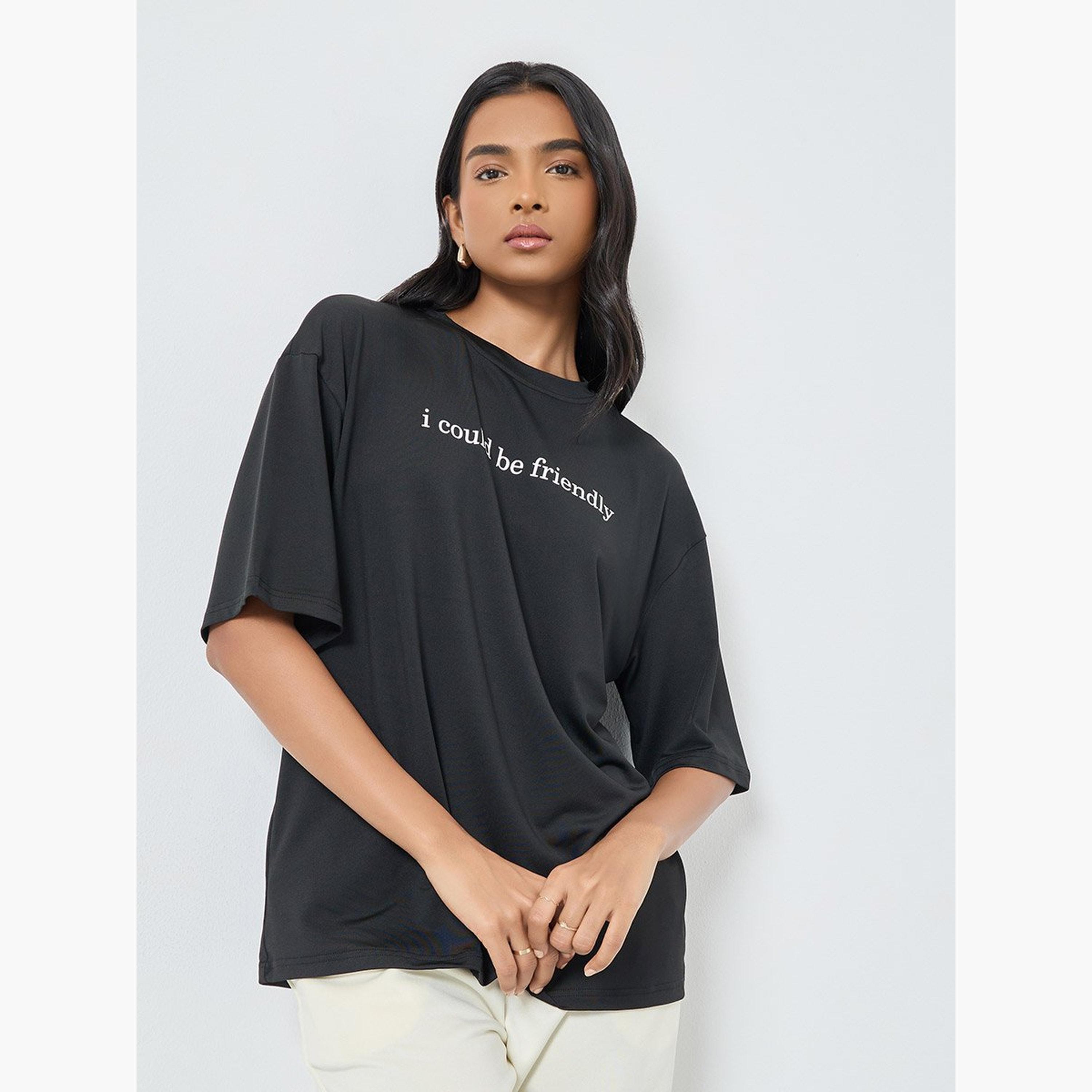 تيك تو - تي شيرت للنساء أسود مقاس كبير بشعار-women-clothing-tshirts-image-3