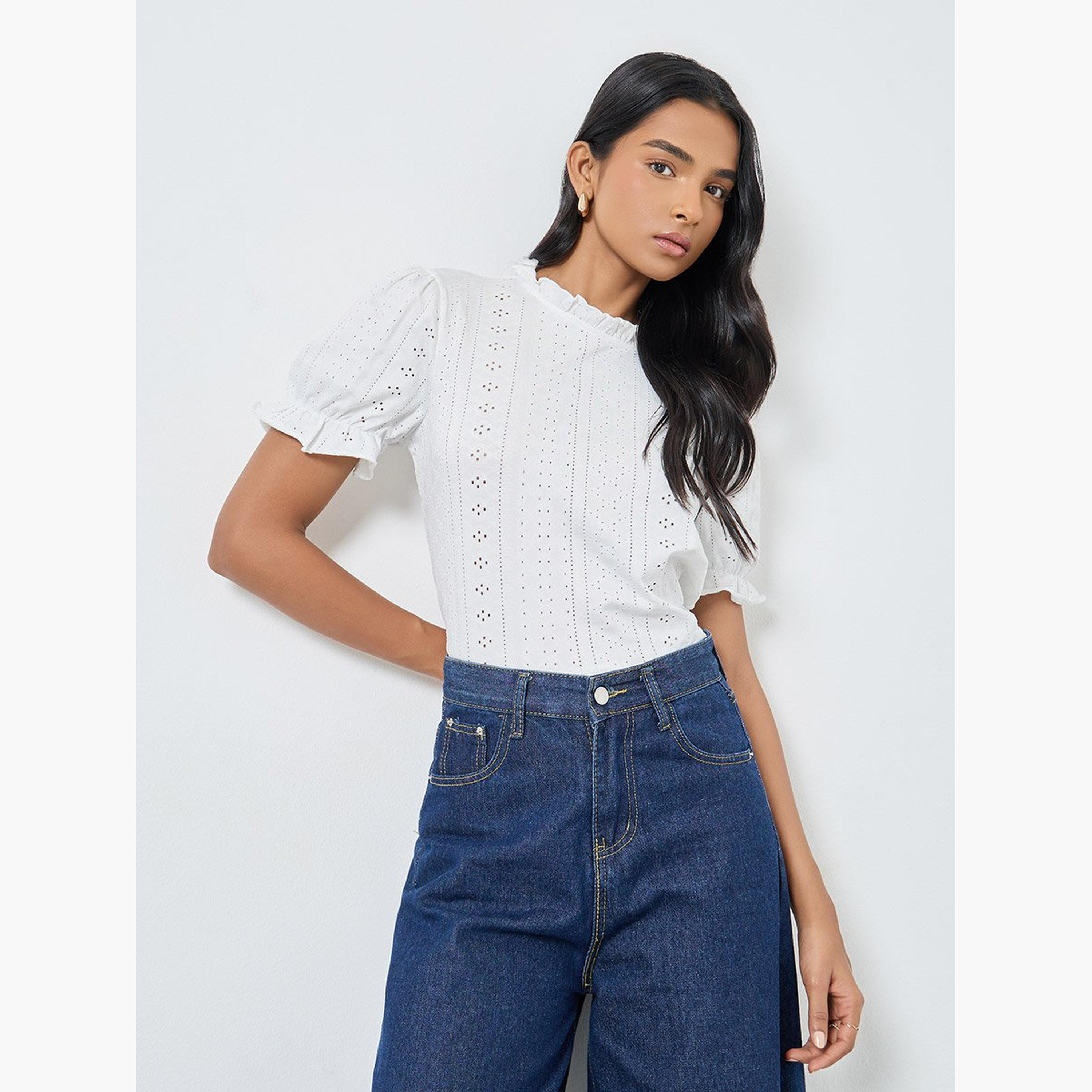 تيك تو - بلوزة شيفلي بيضاء بأكمام منتفخة-women-clothing-shirtsandblouses-blouses-image-1