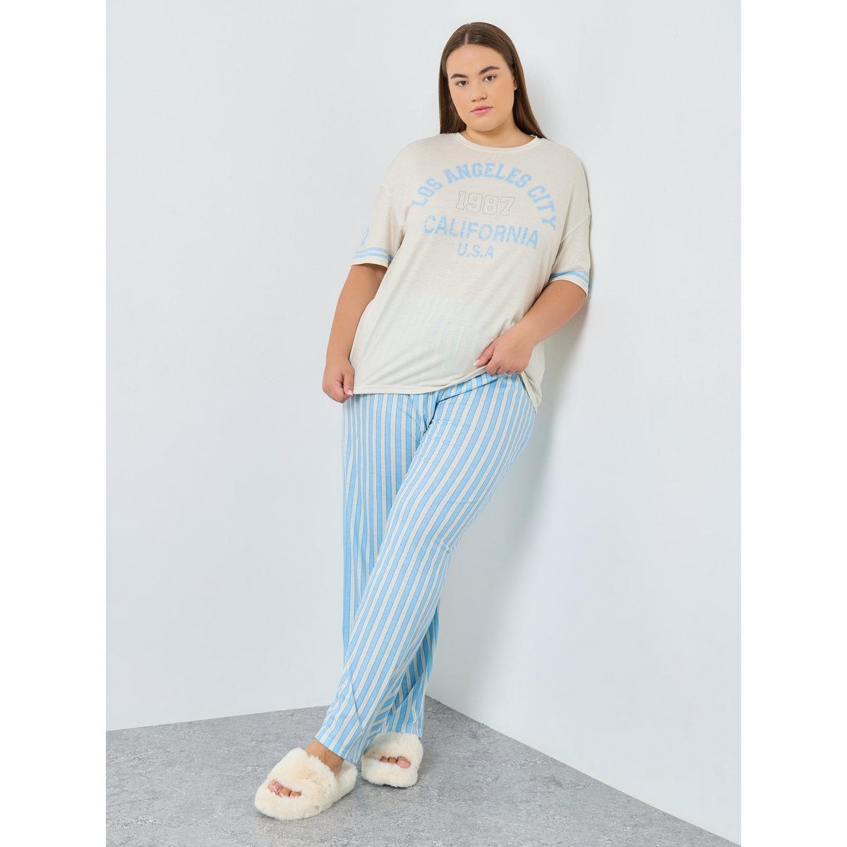 Styli Plus Size Striped T-Shirt and Pyjama Set-women-clothing-nightwear-pyjamas-longsets-image-1