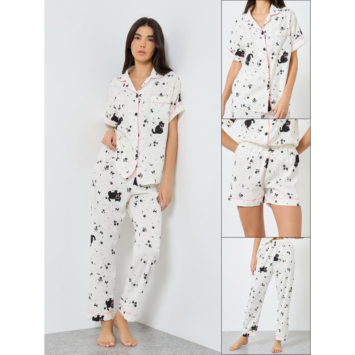طقم من بنطال بيجاما وشورت وبلوزة بطبعة قطة-women-clothing-nightwear-pyjamas-longsets-image-1