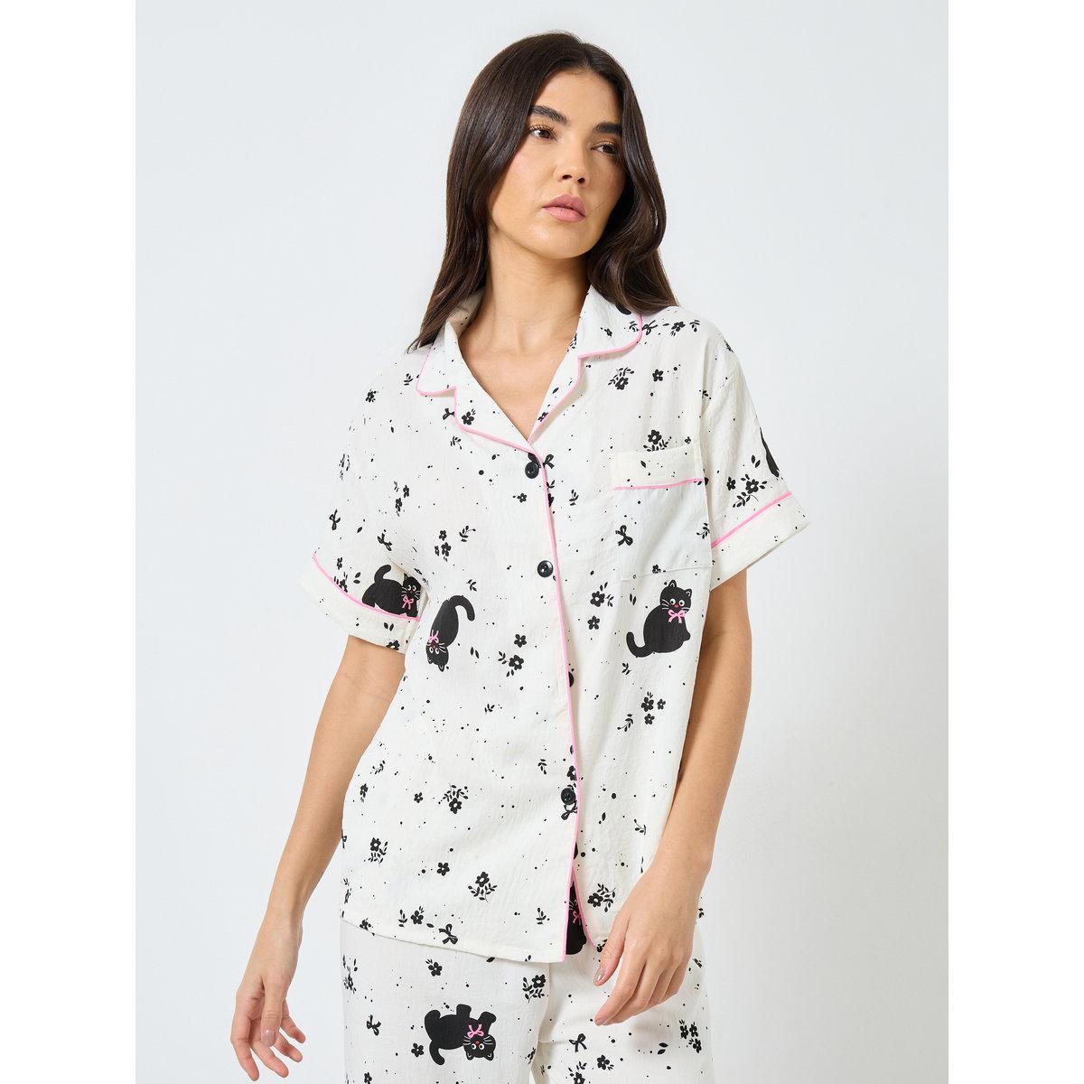 Styli Pack of 3 - Cat Print Shirt, Short and Pyjama-women-clothing-nightwear-pyjamas-longsets-image-3