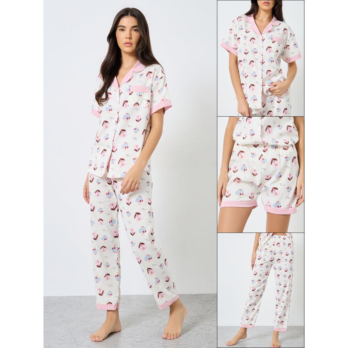 طقم من بنطال بيجاما وشورت وبلوزة مُطبعة بالكامل-women-clothing-nightwear-pyjamas-longsets-image-1