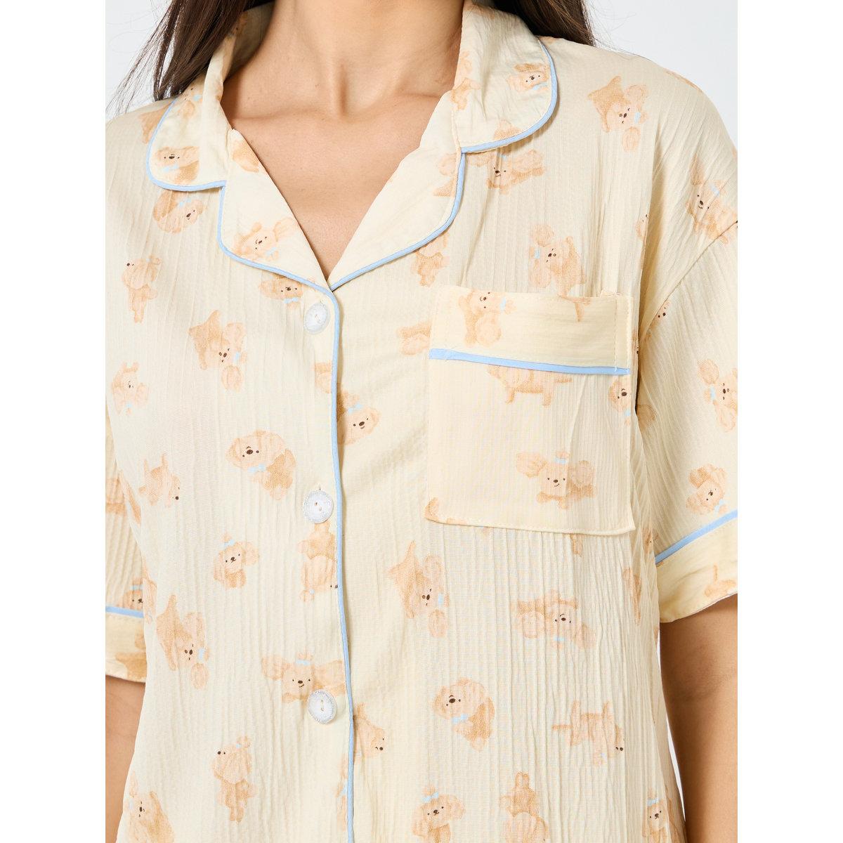 طقم من بنطال بيجاما وشورت وبلوزة بطبعة دُب-women-clothing-nightwear-pyjamas-longsets-image-4