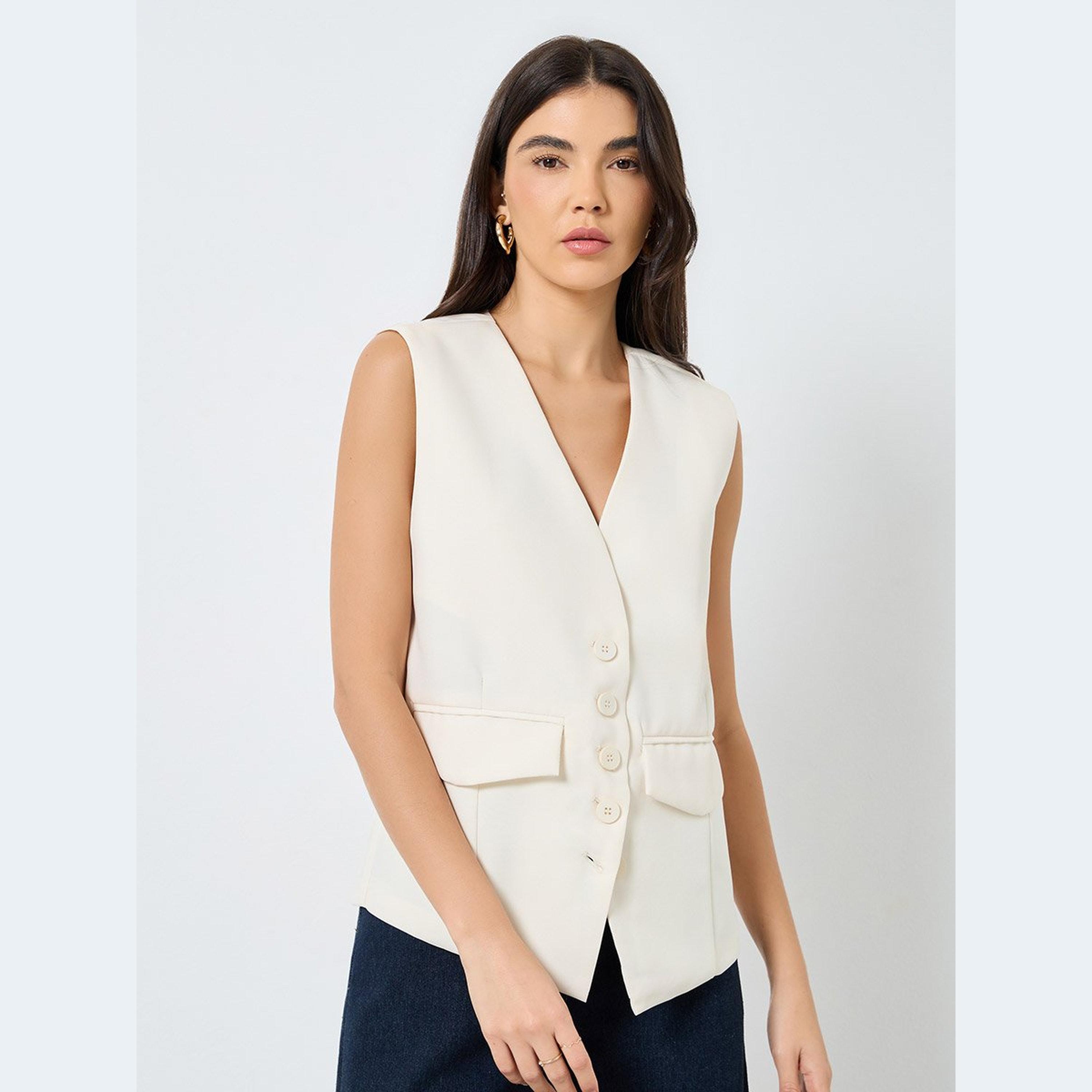 Take Two Women Cream Buttoned Waistcoat-women-clothing-coatsandjackets-waistcoats-image-1