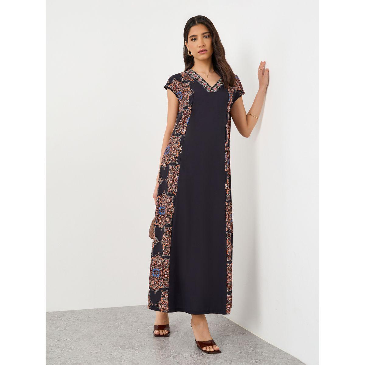 فستان طويل بتفاصيل طباعة مع أكمام قصيرة-women-clothing-dresses-image-1