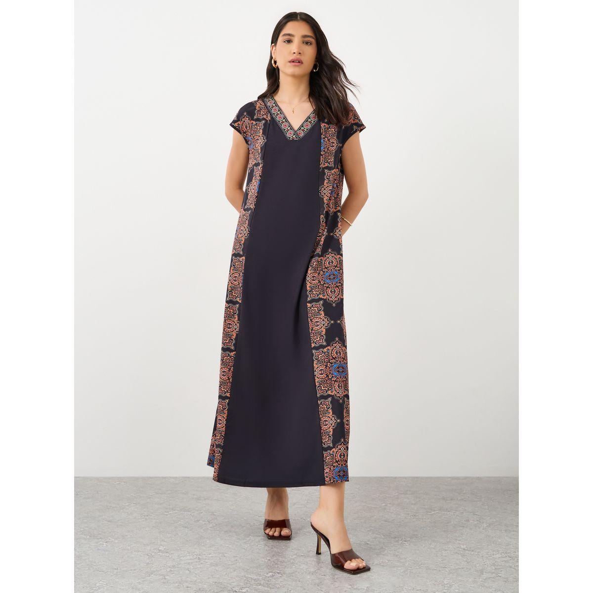 فستان طويل بتفاصيل طباعة مع أكمام قصيرة-women-clothing-dresses-image-2