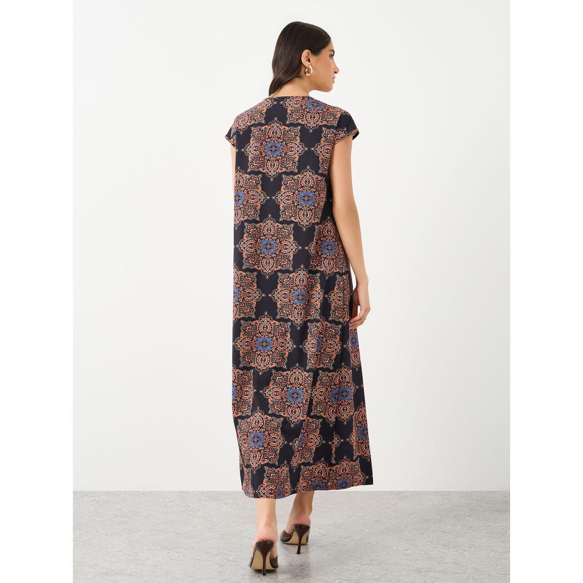 فستان طويل بتفاصيل طباعة مع أكمام قصيرة-women-clothing-dresses-image-5