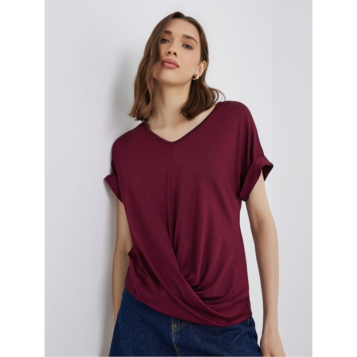 Styli Solid V-Neck Short Sleeve Twist Front Top-women-clothing-shirtsandblouses-blouses-image-1