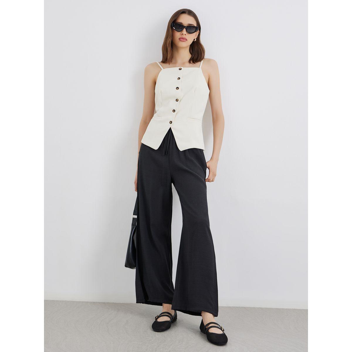 Styli Black Solid Drawstring Waist Pocket Detail Pants-women-clothing-bottoms-trousers-image-1