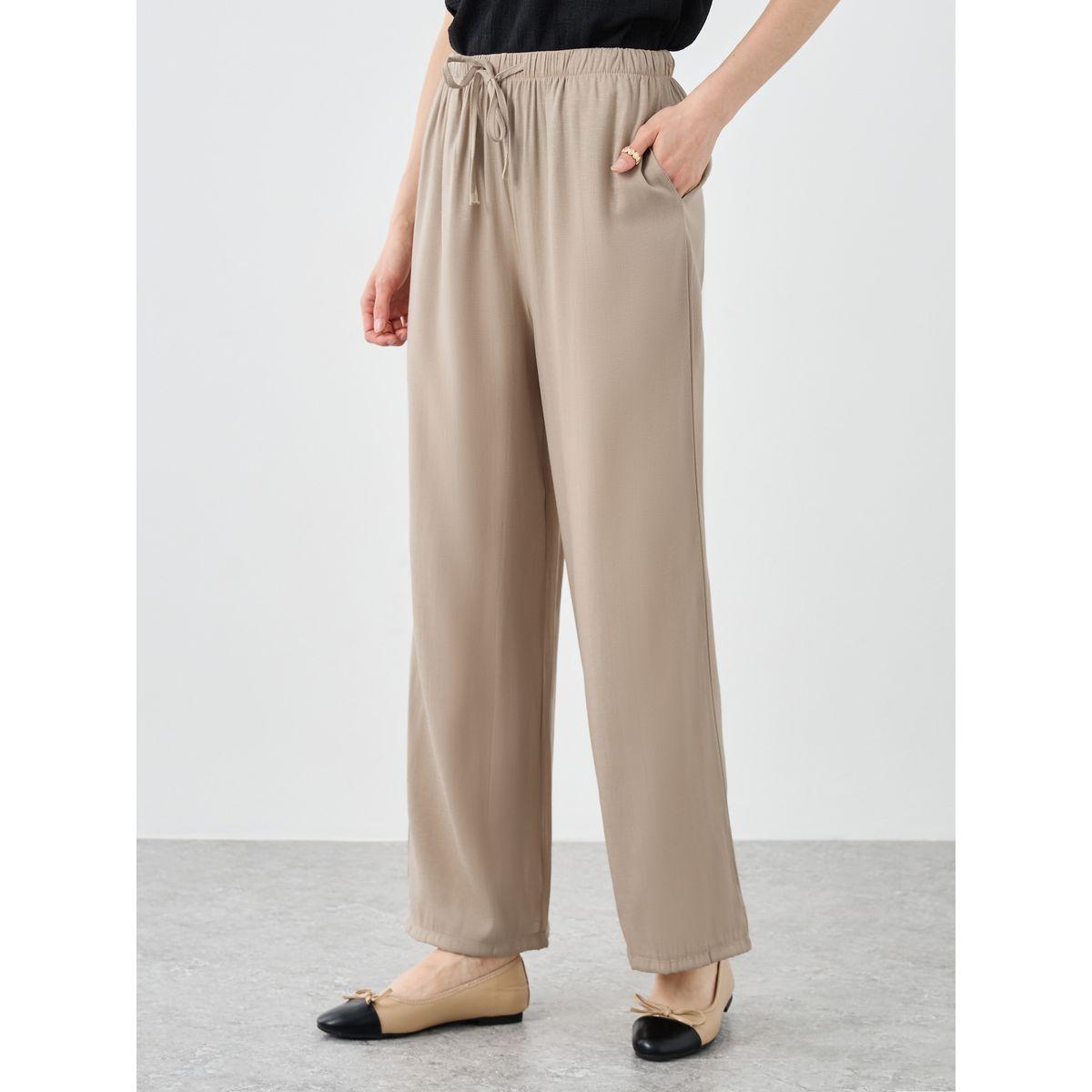 Styli Beige Solid Drawstring Waist Pocket Detail Pants-women-clothing-bottoms-trousers-image-2