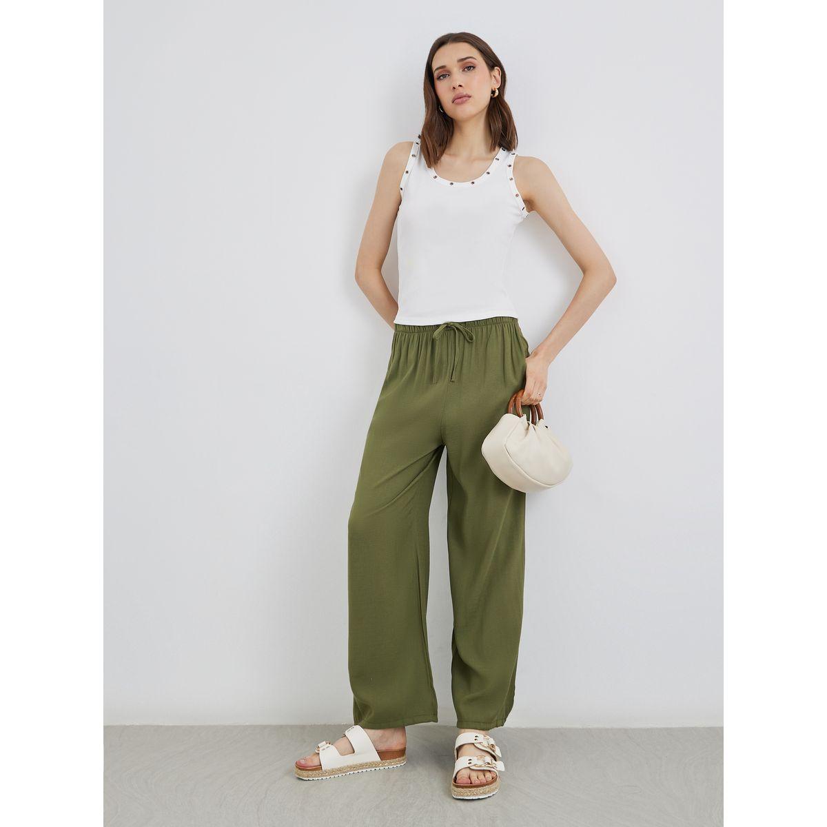 Styli Khaki Solid Drawstring Waist Pocket Detail Pants-women-clothing-bottoms-trousers-image-1