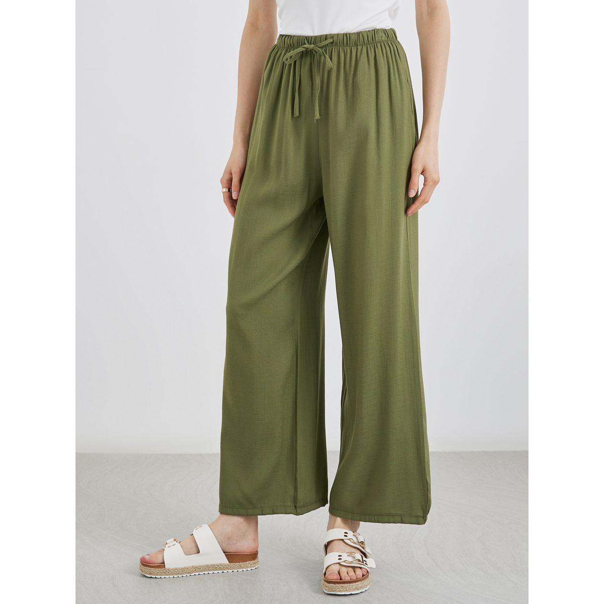 Styli Khaki Solid Drawstring Waist Pocket Detail Pants-women-clothing-bottoms-trousers-image-2