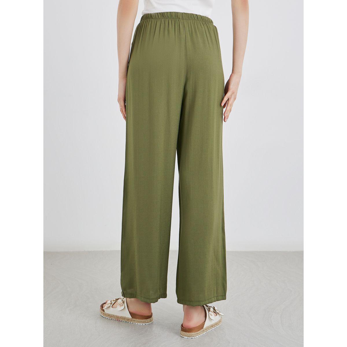 Styli Khaki Solid Drawstring Waist Pocket Detail Pants-women-clothing-bottoms-trousers-image-4