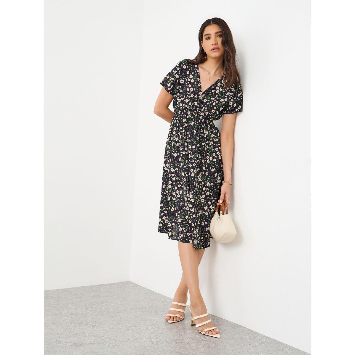 فستان ميدي بطبعة زهور وأكمام قصيرة-women-clothing-dresses-image-1