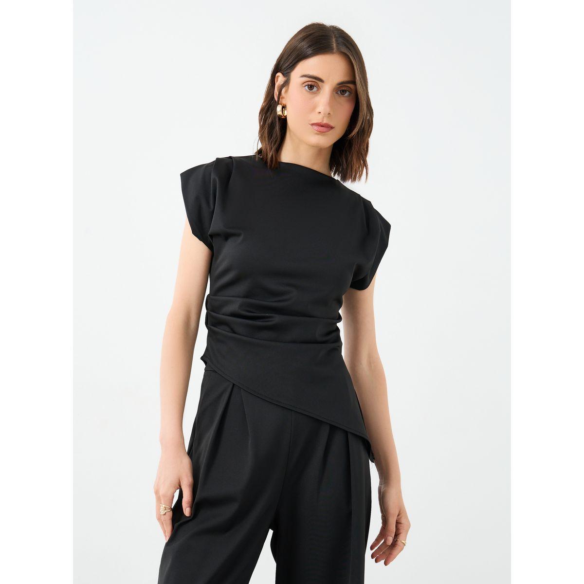 Styli Black Asymmetric Hem Top and Wide Leg Pants Co-Ords-women-clothing-coordsets-image-2