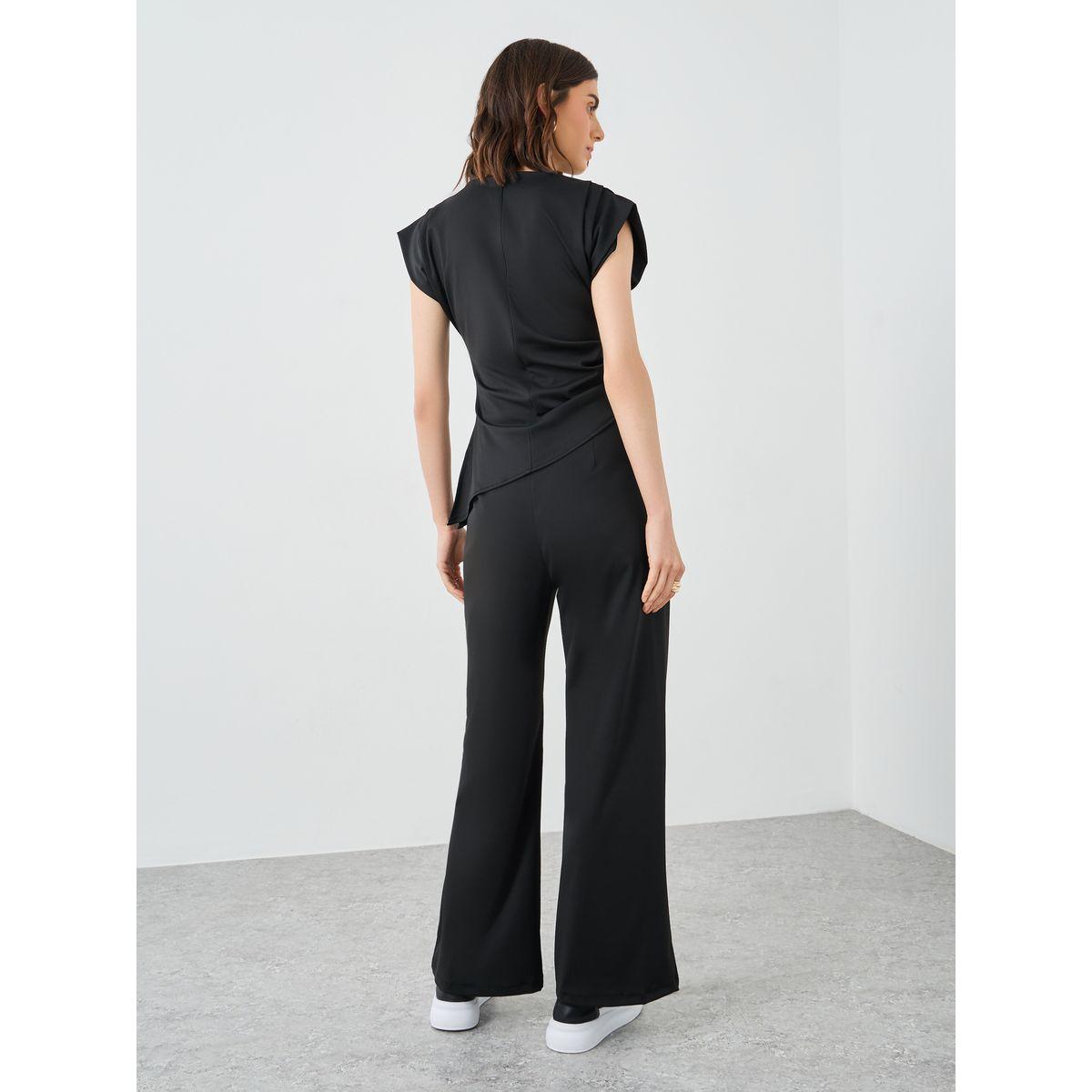 Styli Black Asymmetric Hem Top and Wide Leg Pants Co-Ords-women-clothing-coordsets-image-5