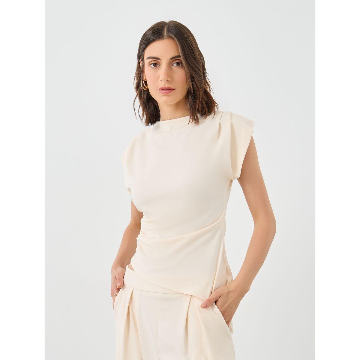 Styli Beige Asymmetric Hem Top and Wide Leg Pants Co-Ords-women-clothing-coordsets-image-2