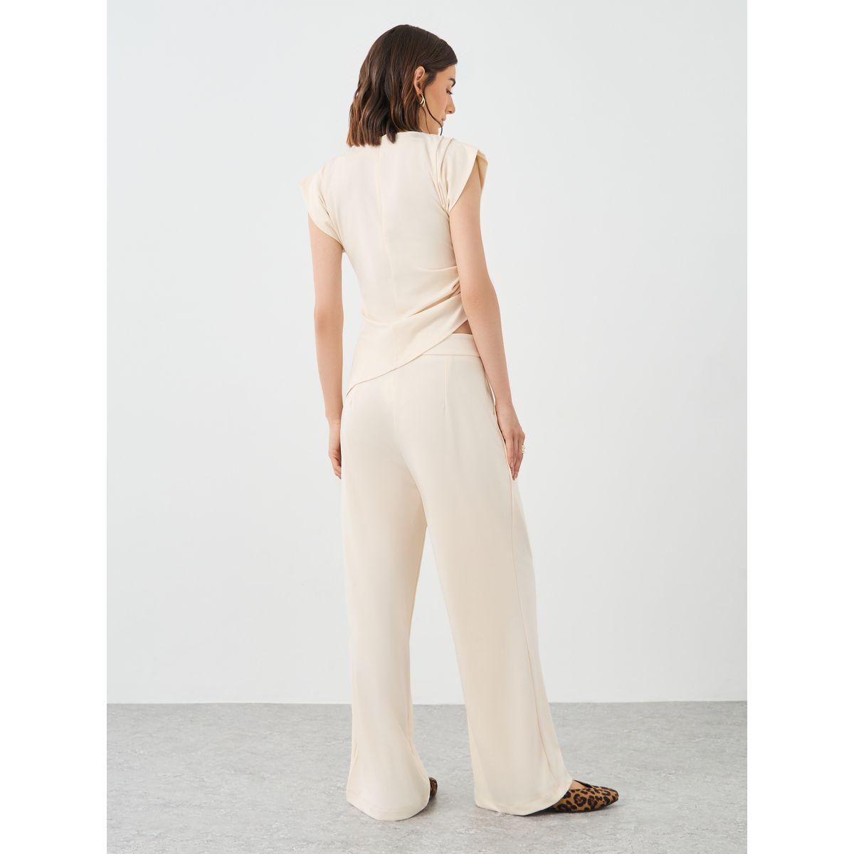 Styli Beige Asymmetric Hem Top and Wide Leg Pants Co-Ords-women-clothing-coordsets-image-4