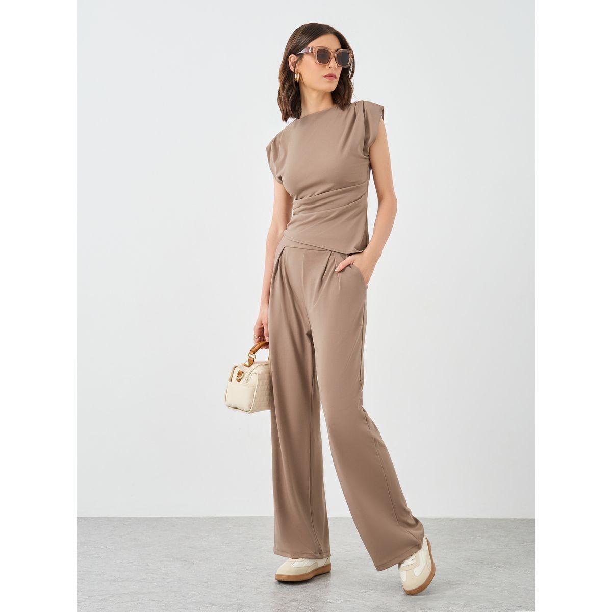 Styli Brown Asymmetric Hem Top and Wide Leg Pants Co-Ords-women-clothing-coordsets-image-1