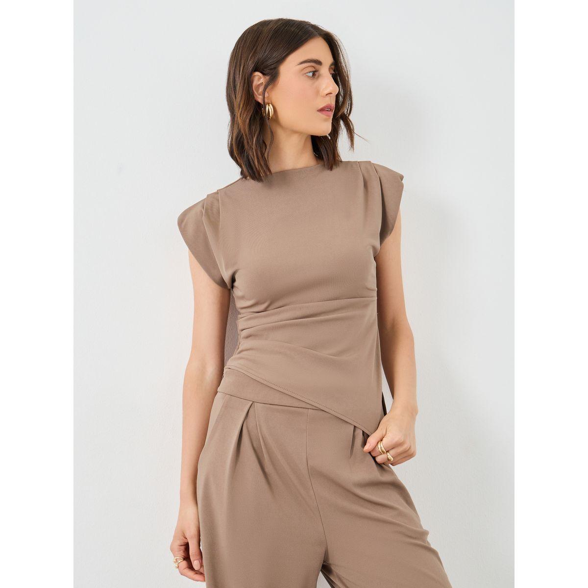 Styli Brown Asymmetric Hem Top and Wide Leg Pants Co-Ords-women-clothing-coordsets-image-2