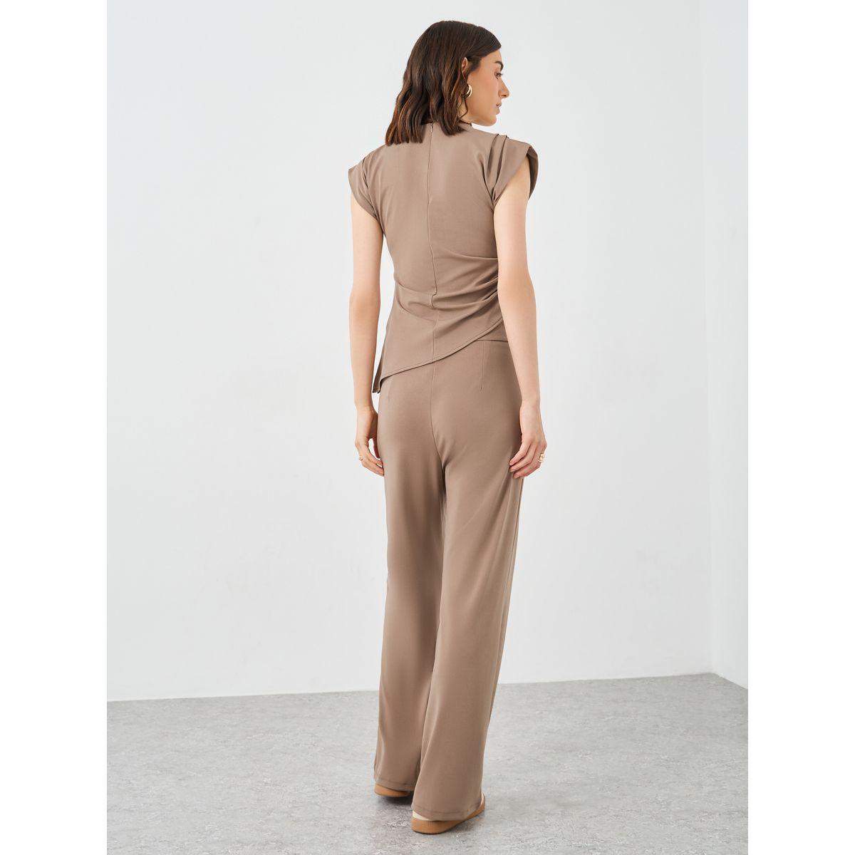 Styli Brown Asymmetric Hem Top and Wide Leg Pants Co-Ords-women-clothing-coordsets-image-4