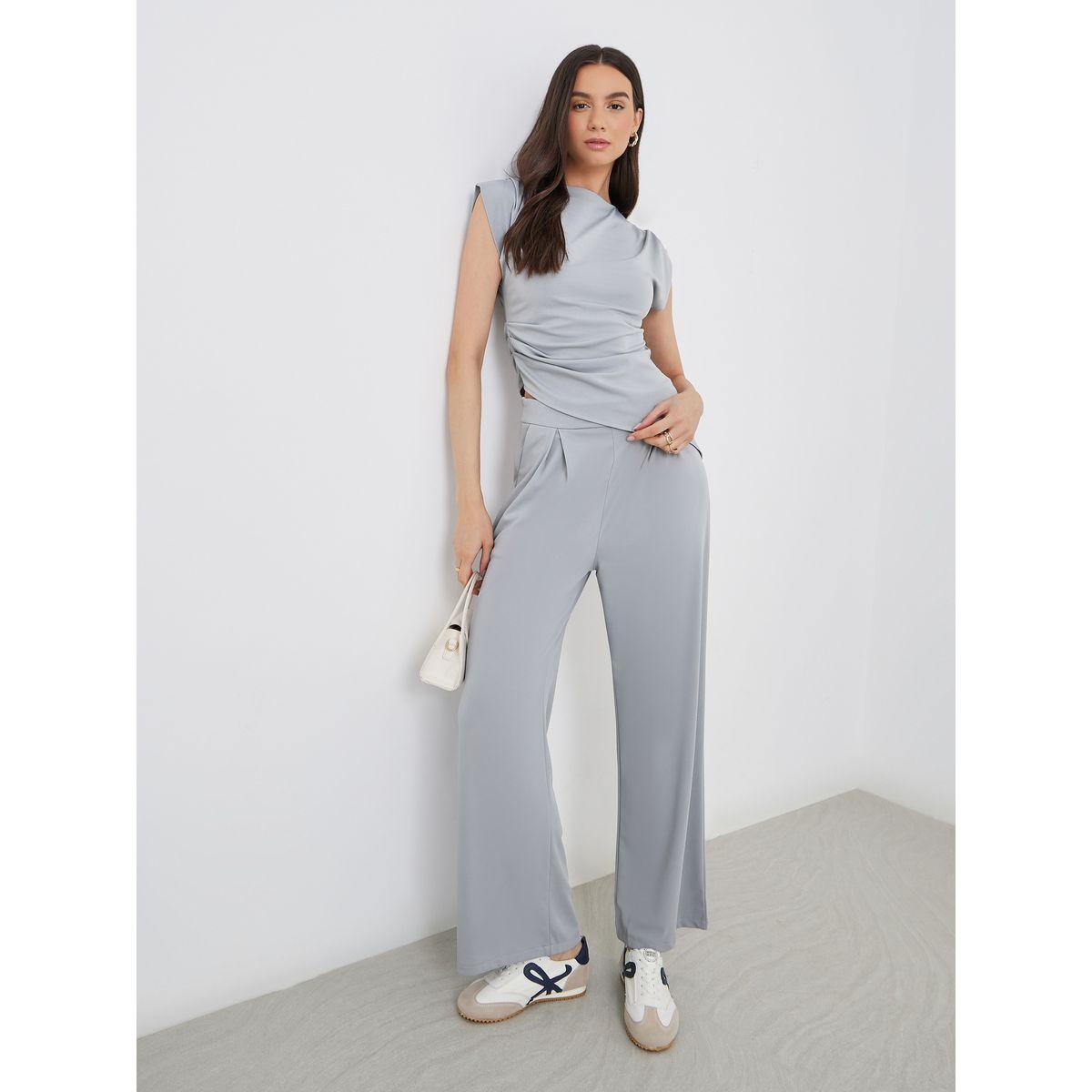 Styli Grey Asymmetric Hem Top and Wide Leg Pants Co-Ords-women-clothing-coordsets-image-1