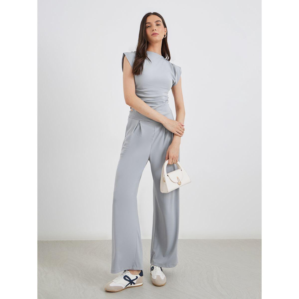 Styli Grey Asymmetric Hem Top and Wide Leg Pants Co-Ords-women-clothing-coordsets-image-2