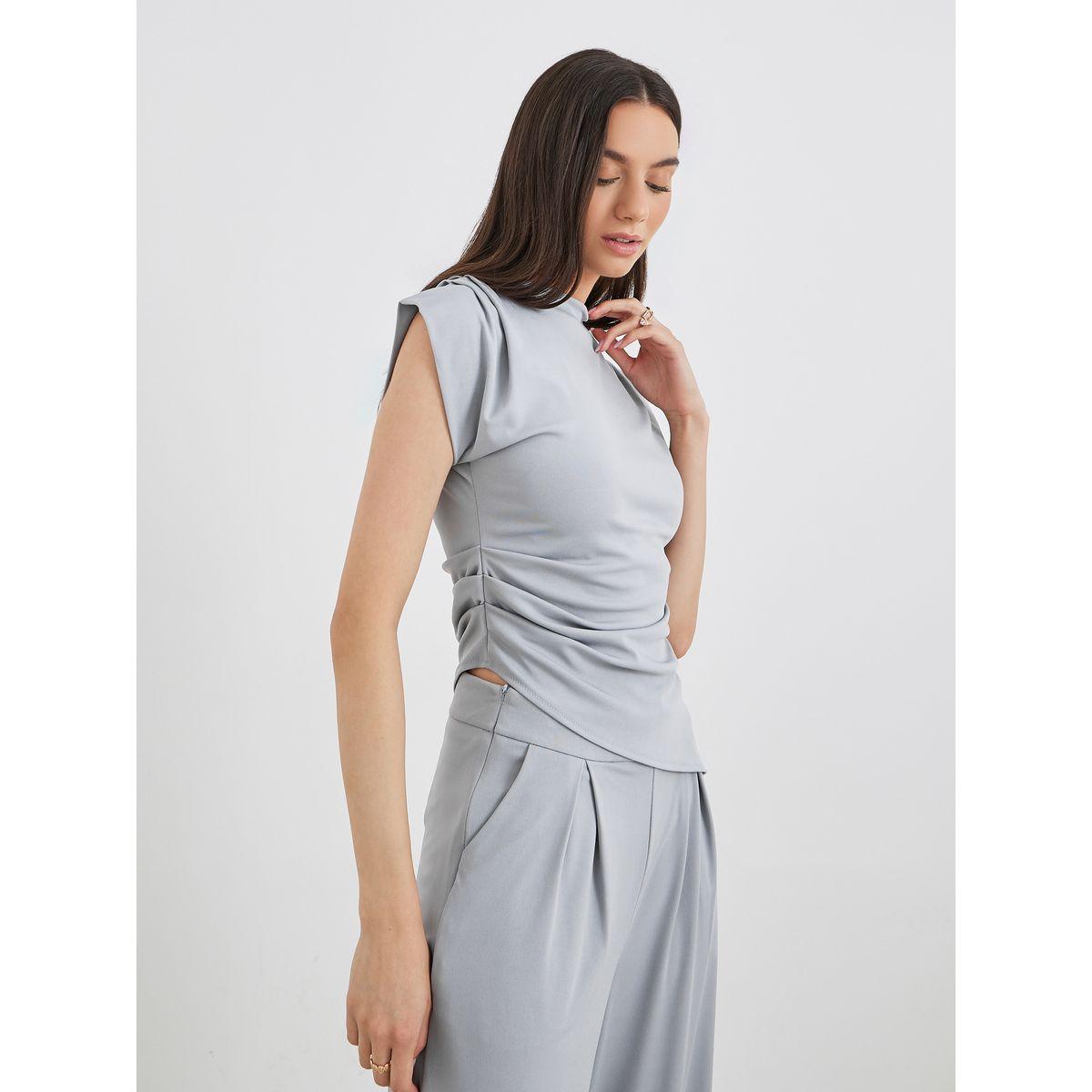 Styli Grey Asymmetric Hem Top and Wide Leg Pants Co-Ords-women-clothing-coordsets-image-3