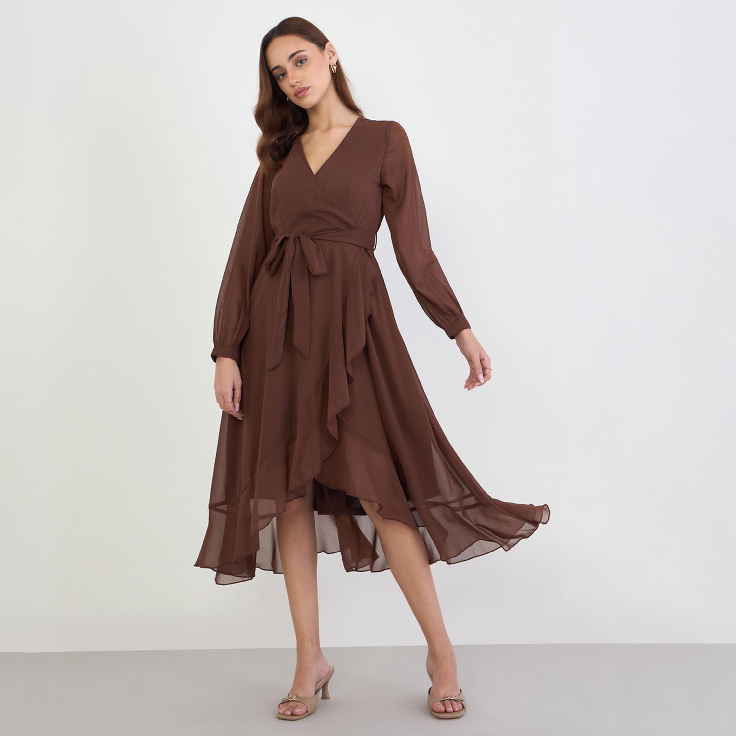 Buy Styli Brown Long Sleeves Wrap Midi Dress Online