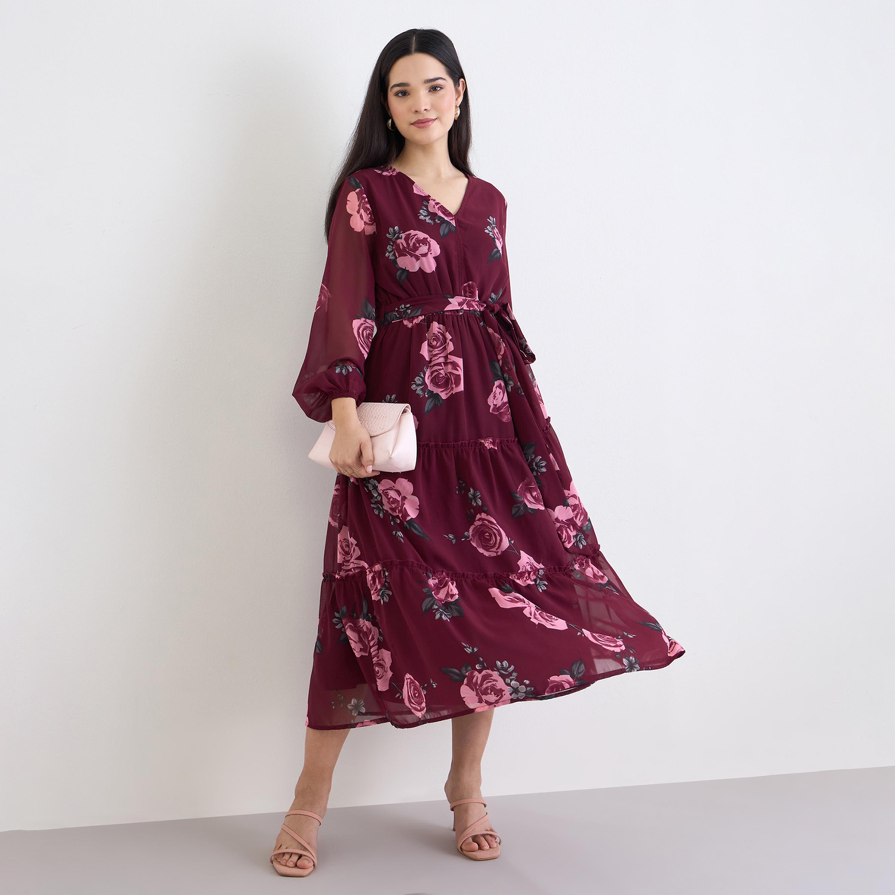 ستايلي - فستان ماكسي نسائي بطبعة زهور وفتحة رقبة على شكل حرف V-women-clothing-dresses-image-1