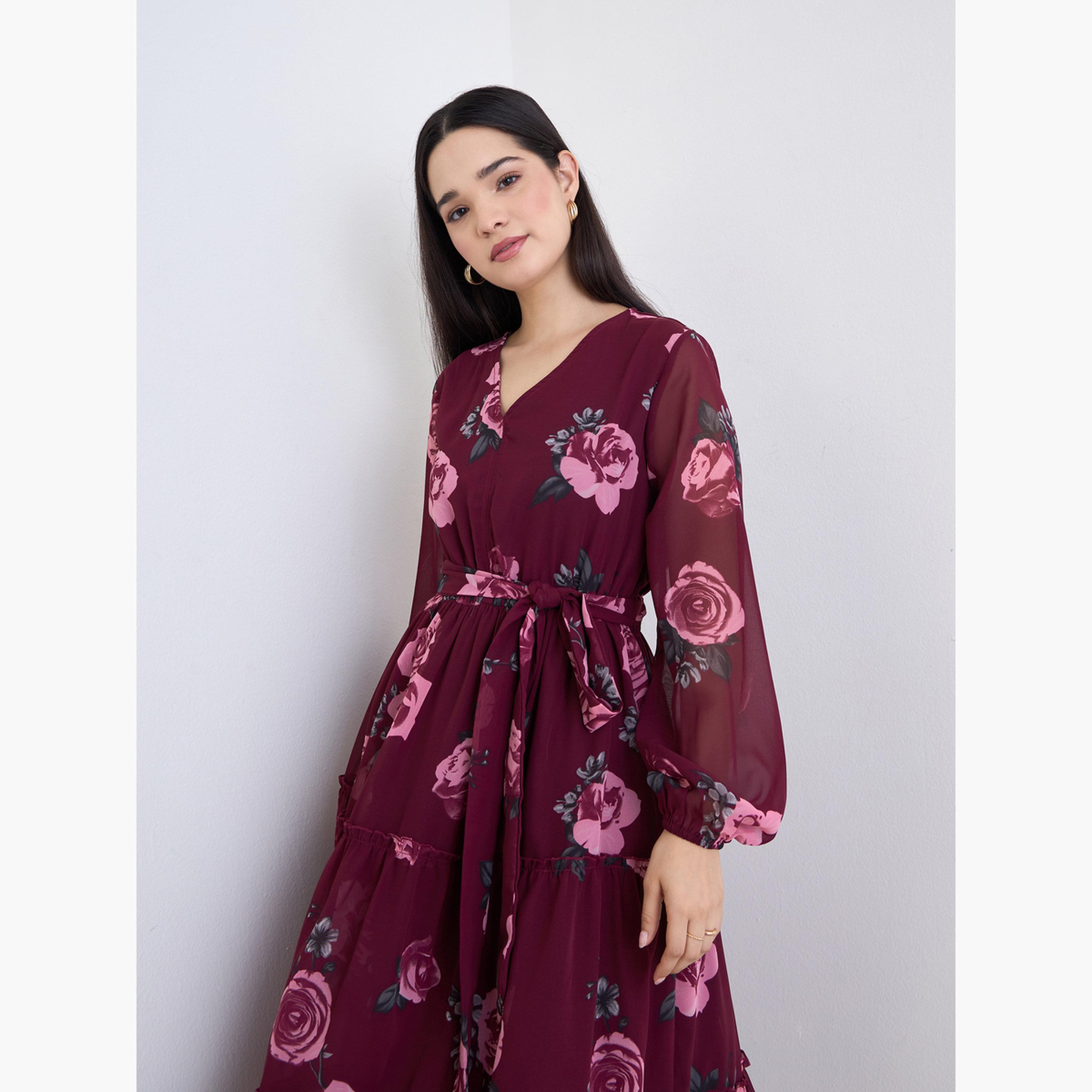 ستايلي - فستان ماكسي نسائي بطبعة زهور وفتحة رقبة على شكل حرف V-women-clothing-dresses-image-2