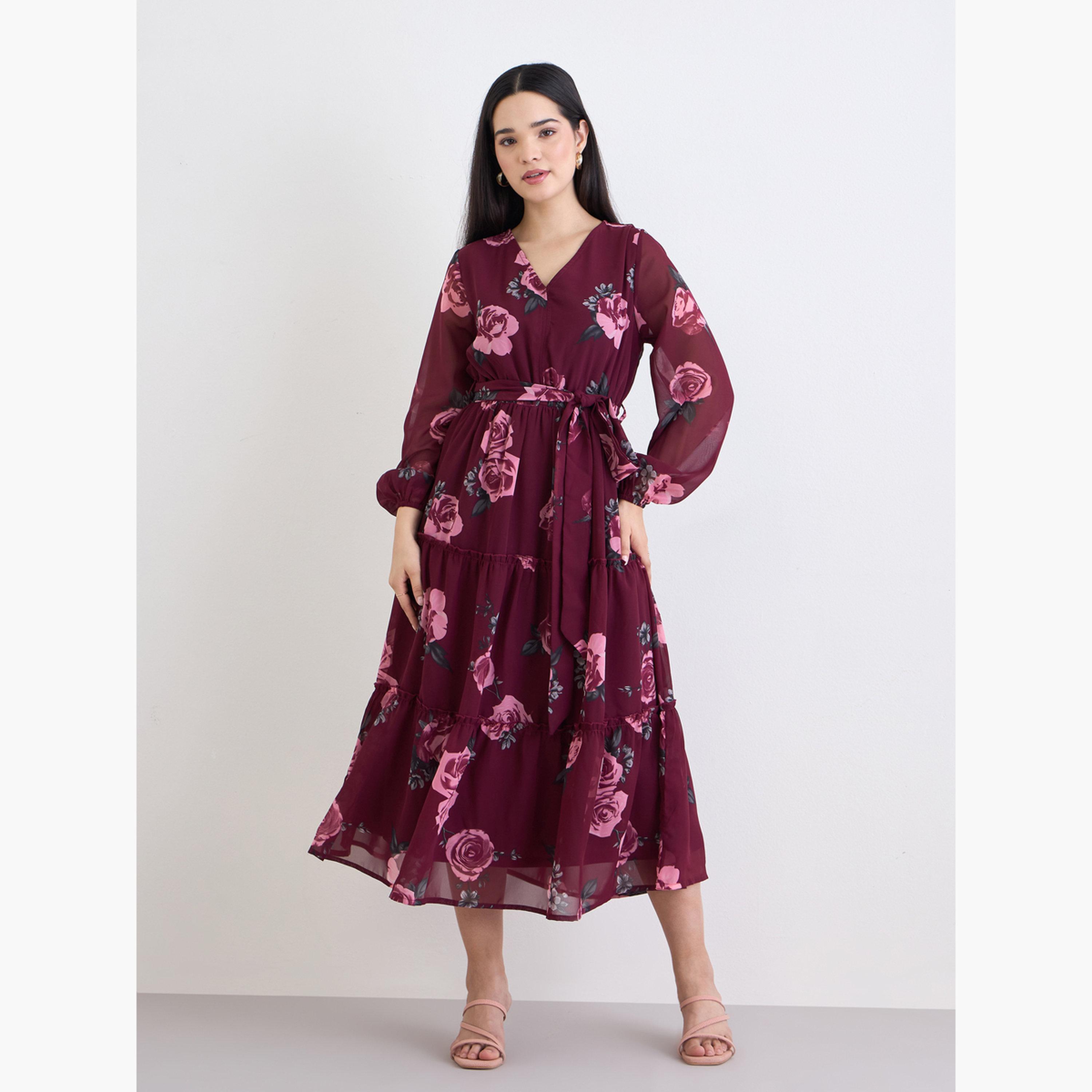ستايلي - فستان ماكسي نسائي بطبعة زهور وفتحة رقبة على شكل حرف V-women-clothing-dresses-image-3