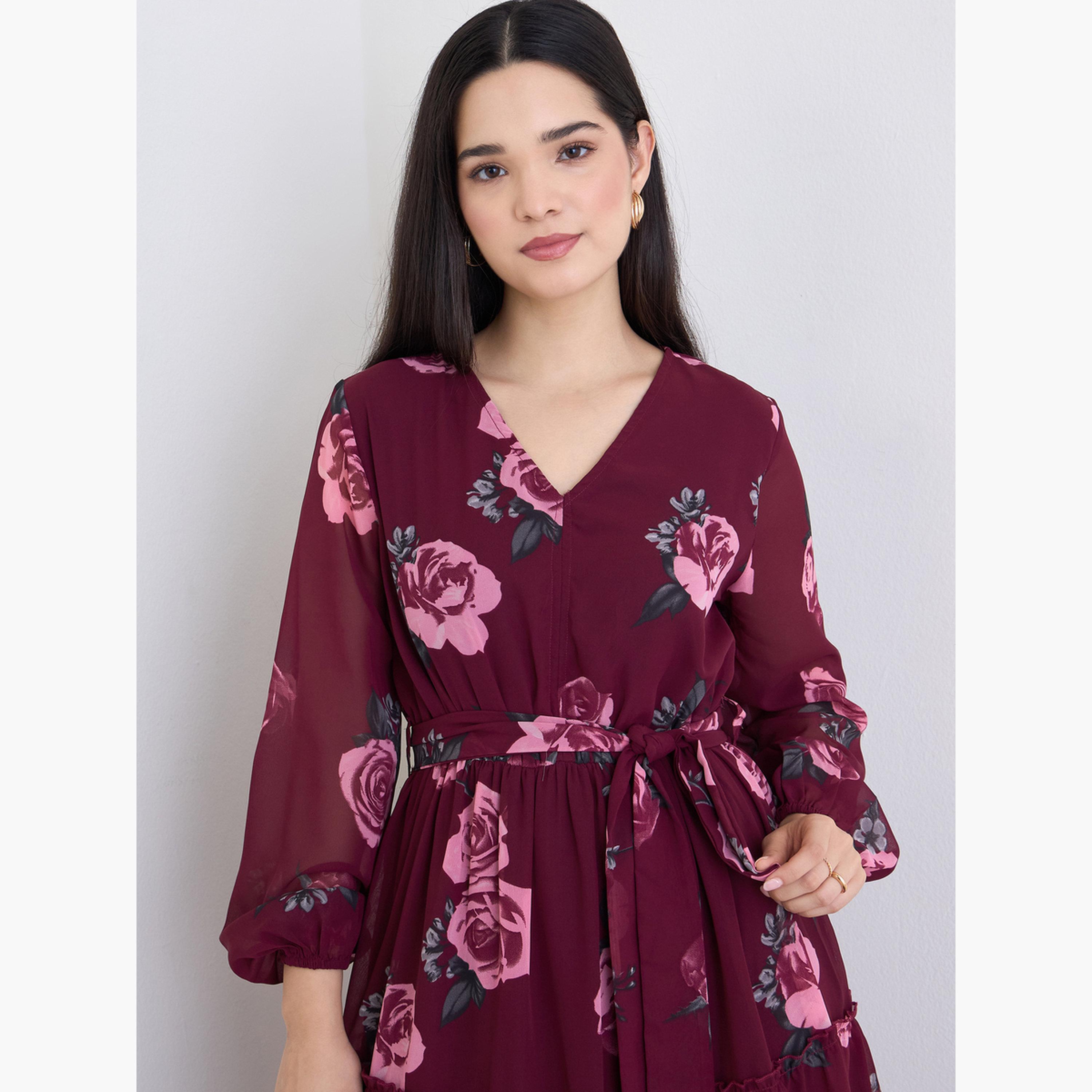 ستايلي - فستان ماكسي نسائي بطبعة زهور وفتحة رقبة على شكل حرف V-women-clothing-dresses-image-4