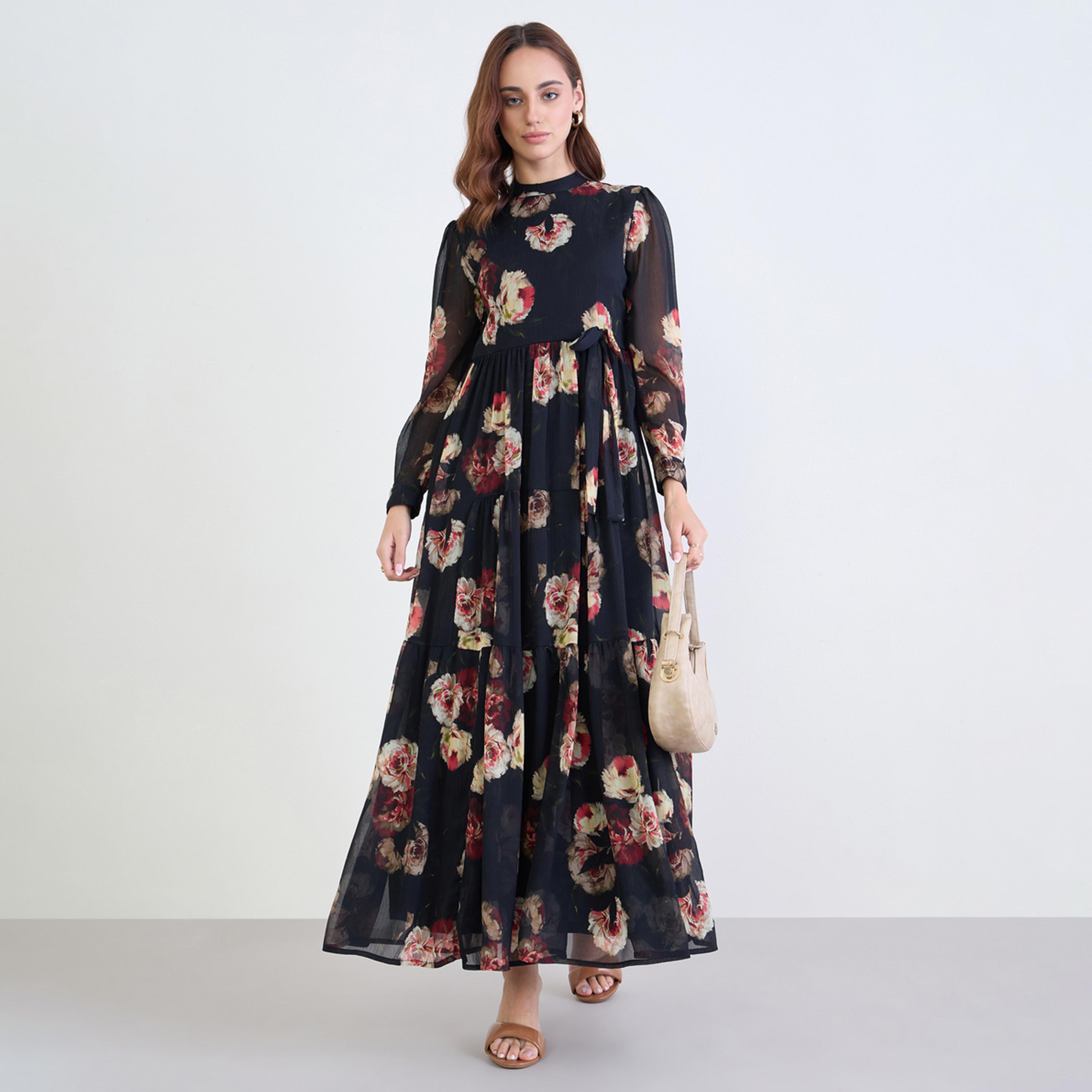 Styli Black All-Over Print Tiered Maxi Dress-women-clothing-dresses-image-1