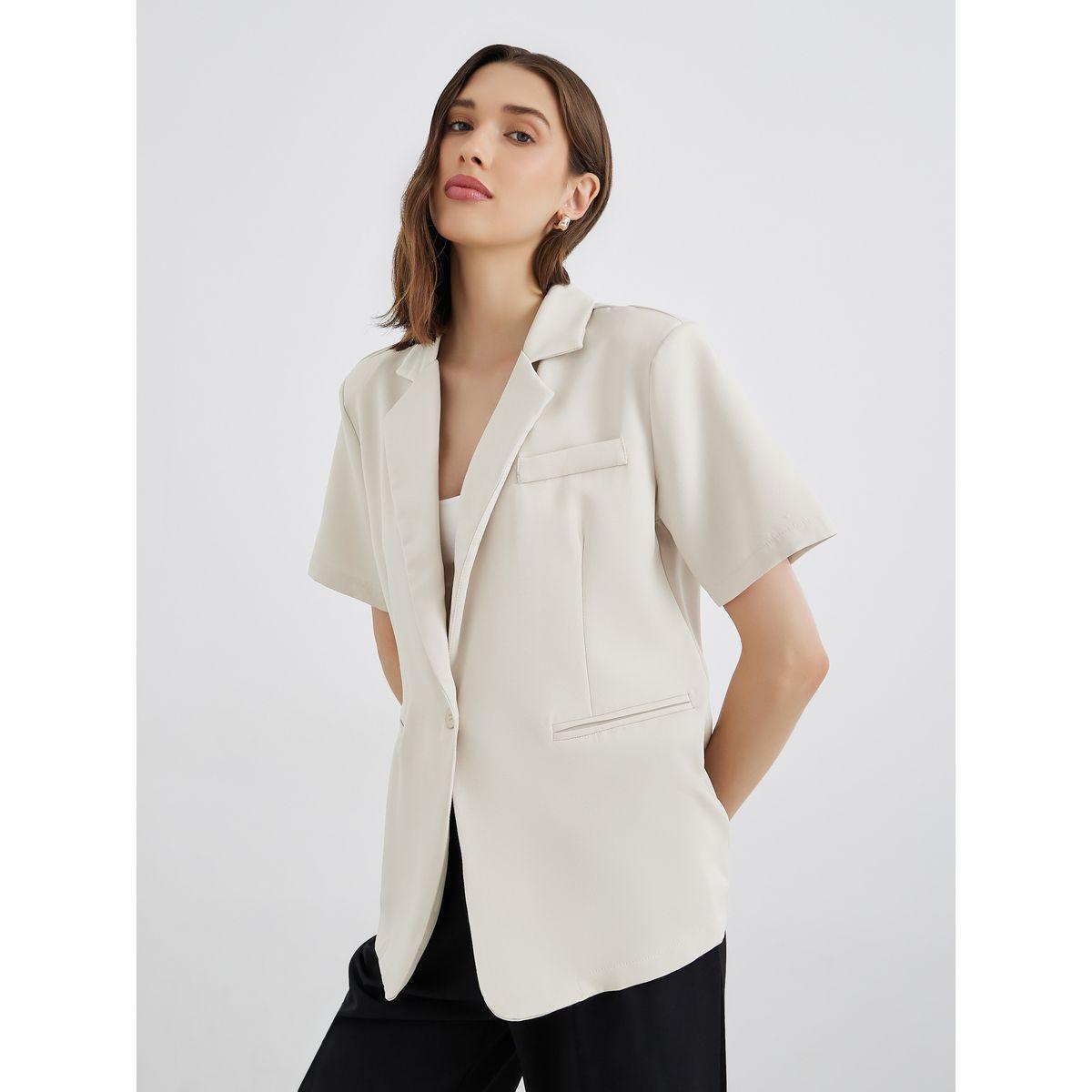 Styli Women Beige Solid Short Sleeve Button Up Blazer-women-clothing-coatsandjackets-blazers-image-3