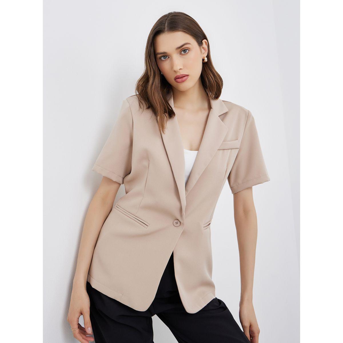 Styli Women Beige Solid Short Sleeve Button Up Blazer-women-clothing-coatsandjackets-blazers-image-1