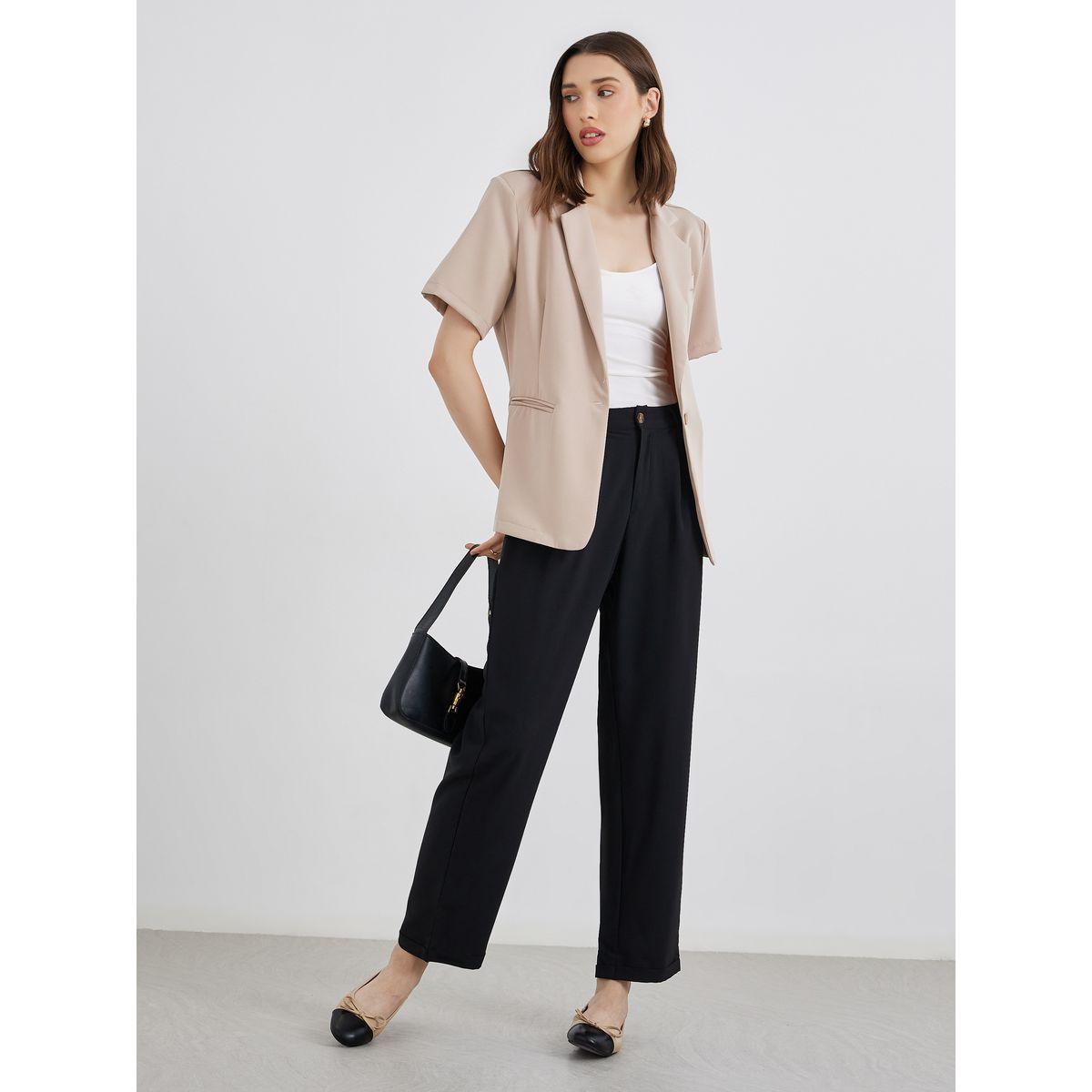 Styli Women Beige Solid Short Sleeve Button Up Blazer-women-clothing-coatsandjackets-blazers-image-2