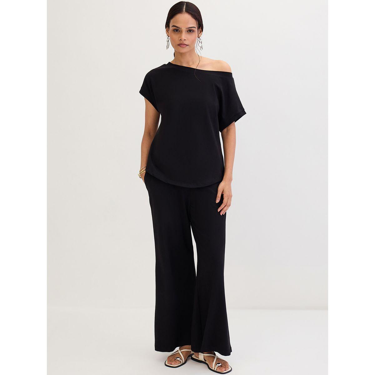 طقم منسق من بنطال وبلوزة بياقة غير متماثلة-women-clothing-coordsets-image-1