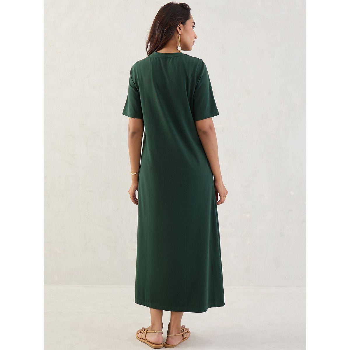 Femmella Green Solid Short Sleeve Knit T-Shirt Maxi Dress-women-clothing-dresses-image-2