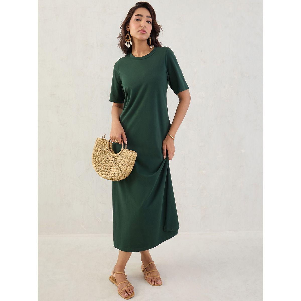 Femmella Green Solid Short Sleeve Knit T-Shirt Maxi Dress-women-clothing-dresses-image-5
