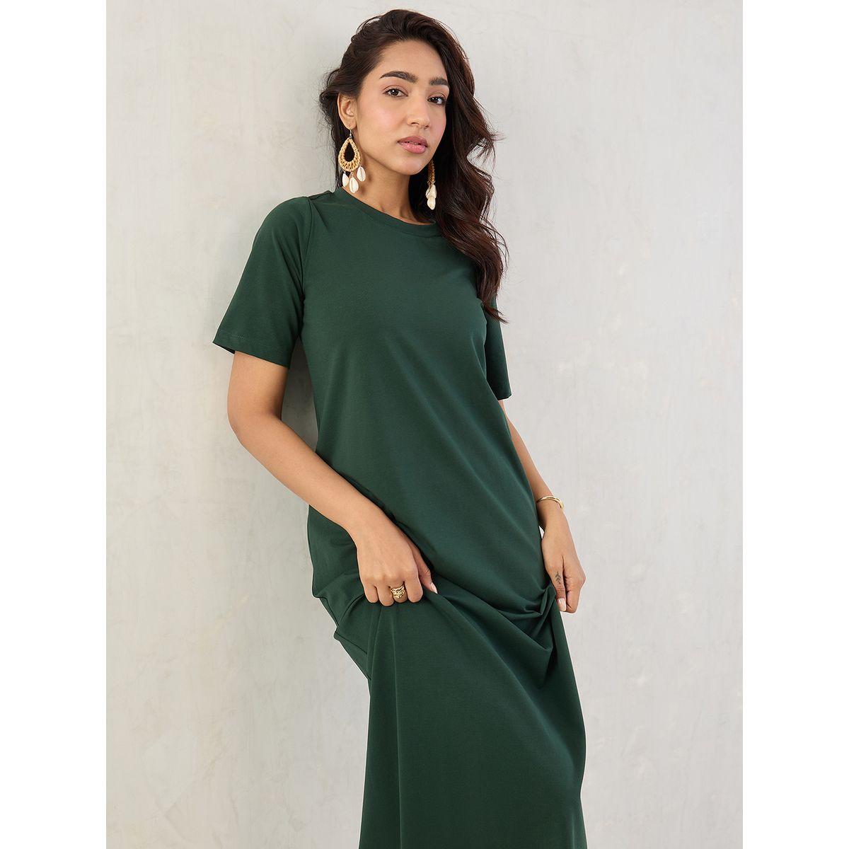 Femmella Green Solid Short Sleeve Knit T-Shirt Maxi Dress-women-clothing-dresses-image-7
