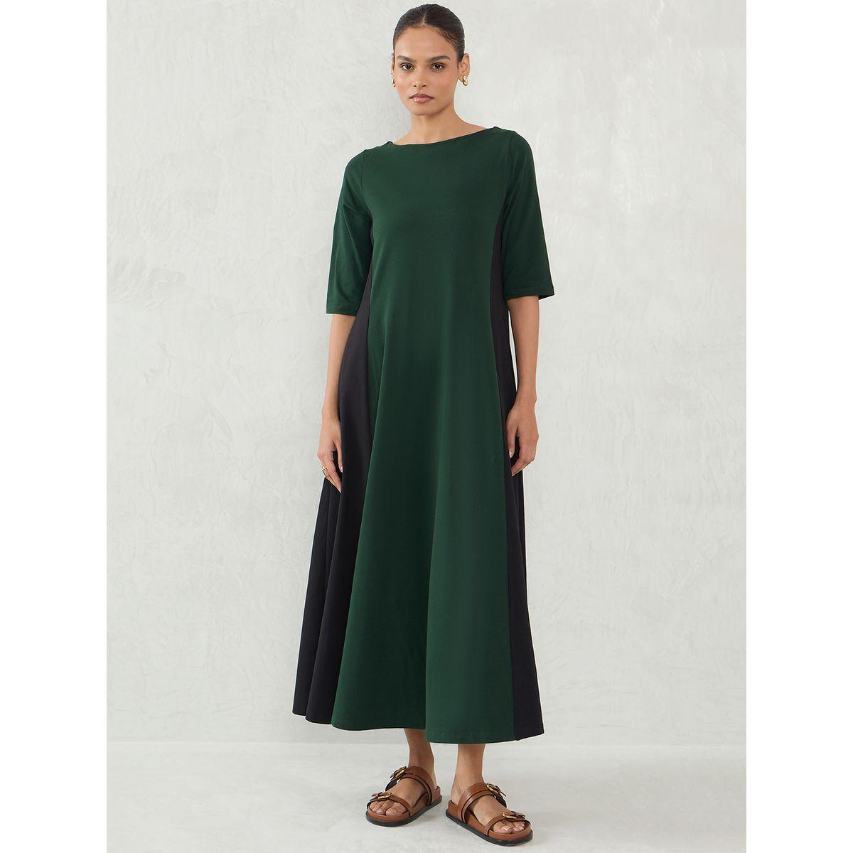 فستان ميدي بنمط كتل الألوان مع ياقة قارب-women-clothing-dresses-image-1