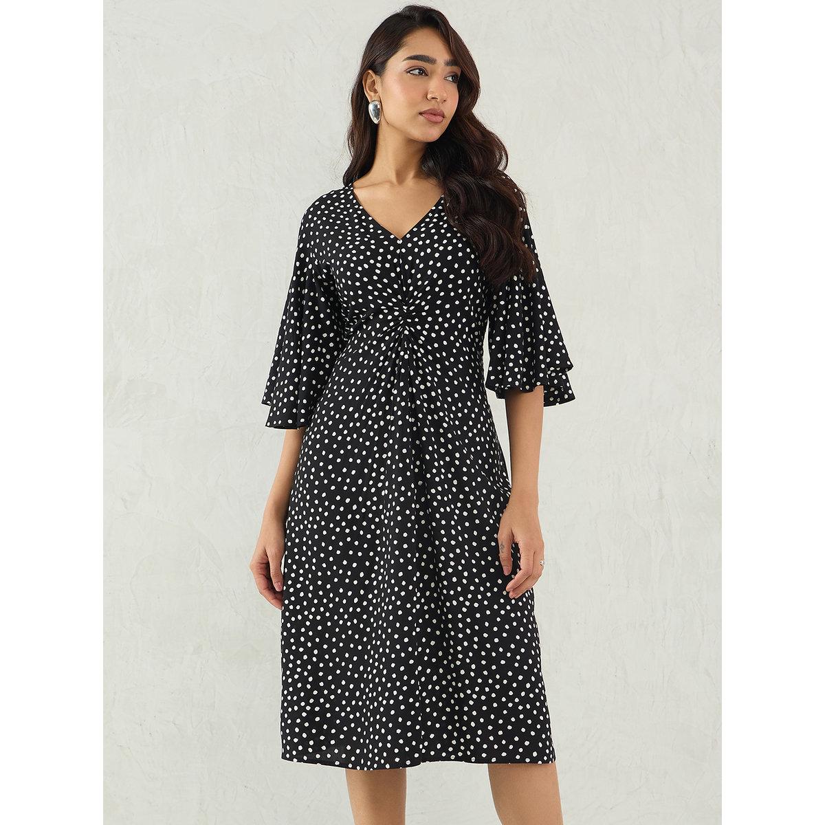 Femmella Black Polka Dot Print Flared Sleeves A-Line Midi Dress with Knotted Front-women-clothing-dresses-image-1