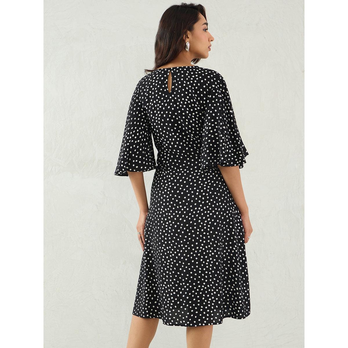Femmella Black Polka Dot Print Flared Sleeves A-Line Midi Dress with Knotted Front-women-clothing-dresses-image-2